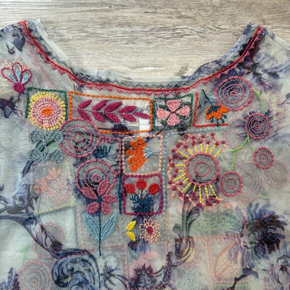 Johnny Was Biya Logan Tiered Mesh Maxi Dress Embroidered Boho Sheer Size S - Picture 9 of 15